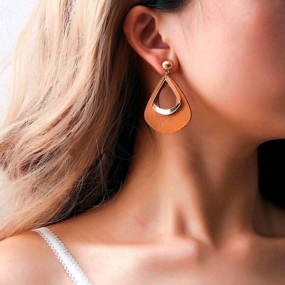 Kaylie Blush Pink Press Cut Wood Gold Layer Teardrop Earrings Gift Packaged - Picture 3 of 10
